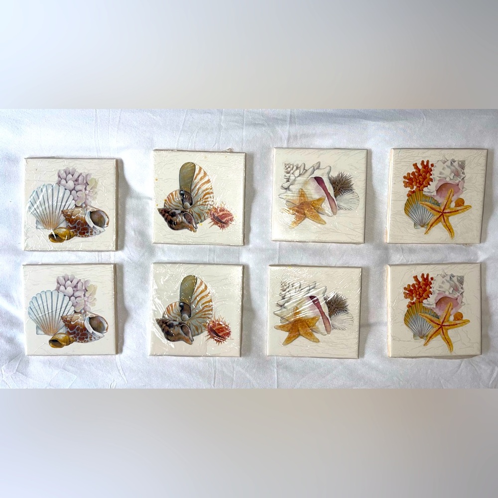 Set of 8 Coastal Beach Shell Ocean Themed Ceramic Tiles